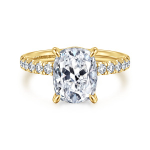Gabriel & Co. ER16572G12Y44JJ 14 karat yellow gold Contemporary engagement ring, front view of the elongated center in teardrop tipped prongs with larger diamonds on each shoulder