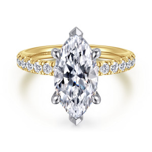 Gabriel & Co. ER16572M12M44JJ 14 karat white and yellow gold Contemporary engagement ring, front view of a marquise center gripped at both tips by pointed prongs with four rounded side prongs