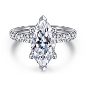 Gabriel & Co. ER16572M12W44JJ 14 karat white gold Contemporary engagement ring, front view of a marquise center with pointed V tips at both ends above the band