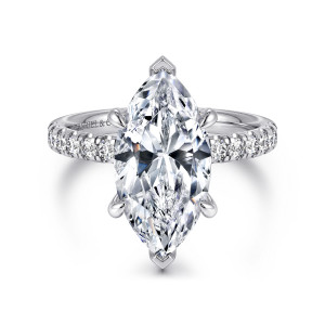 Gabriel & Co. ER16572M16W44JJ 14 karat white gold Contemporary engagement ring, front view of a marquise center held by V tips at each point and two claws per side