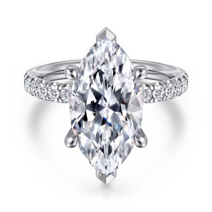 Gabriel & Co. ER16572M20W44JJ 14 karat white gold Contemporary engagement ring, front view of a marquise center with pointed end tips and rounded side prongs above small diamonds