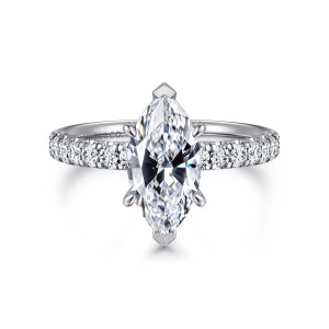 Gabriel & Co. ER16572M6W84JJ 18 karat white gold Contemporary engagement ring, front view of a marquise center between two lines of round diamonds, with faceted caps at the tips