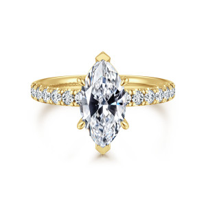 Gabriel & Co. ER16572M6Y44JJ 14 karat yellow gold Contemporary engagement ring, front view of a marquise center held by pointed V tips and rounded side claws above round diamonds