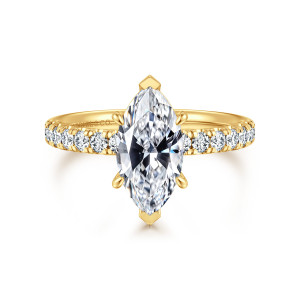 Gabriel & Co. ER16572M6Y84JJ 18 karat yellow gold Contemporary engagement ring, front view of a pointed marquise center with V shaped prongs at both tips