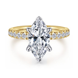 Gabriel & Co. ER16572M8M44JJ 14 karat white and yellow gold Contemporary engagement ring, front view of a marquise center with pointed end tips over small diamonds along the band