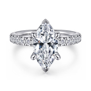 Gabriel & Co. ER16572M8W44JJ 14 karat white gold Contemporary engagement ring, front view of the marquise center with V shaped end tips and rounded side prongs