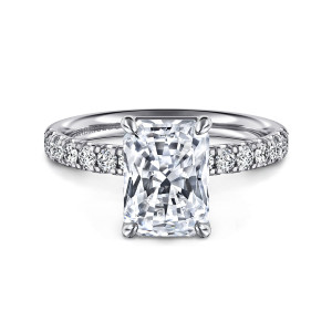 Gabriel & Co. ER16572N10W44JJ 14 karat white gold Contemporary engagement ring, front view of a rectangular center with clipped corners gripped by four rounded prongs