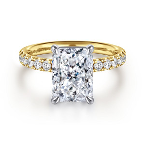 Gabriel & Co. ER16572N12M44JJ 14 karat white and yellow gold Contemporary engagement ring, front view of a radiant cut center with trimmed corners and four claw prongs in the cooler tone