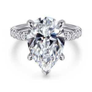 Gabriel & Co. ER16572P20W44JJ 14 karat white gold Contemporary engagement ring, front view of a pear shaped center with a V shaped prong at its point