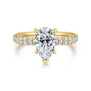 Gabriel & Co. ER16572P6Y44JJ 14 karat yellow gold Contemporary engagement ring, front view of a pear shaped center with a V prong at its point and rounded prongs above