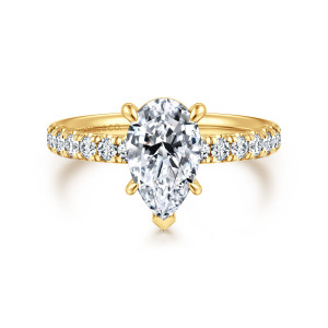 Gabriel & Co. ER16572P6Y84JJ 18 karat yellow gold Contemporary engagement ring, front view of a pear shaped center with a pointed V tip at its narrow end
