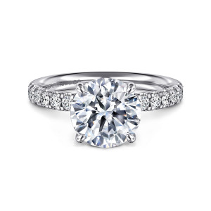 Gabriel & Co. ER16572R10W44JJ 14 karat white gold Contemporary engagement ring, front view of a round center held by smooth rounded claws above diamonds along both shoulders
