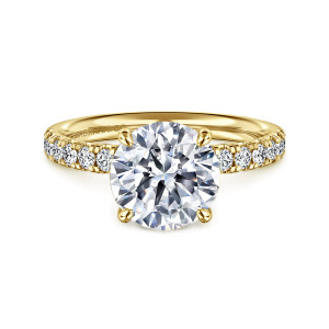 Gabriel & Co. ER16572R10Y44JJ 14 karat yellow gold Contemporary engagement ring, front view of a round center held by four teardrop tipped prongs with round diamonds along each shoulder