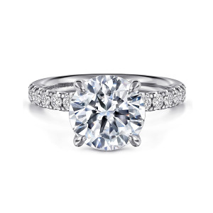 Gabriel & Co. ER16572R12W44JJ 14 karat white gold Contemporary engagement ring, front view of a round center gripped by four slim claws with round diamonds on the shoulders