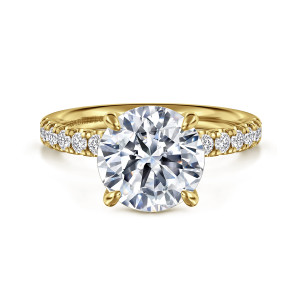 Gabriel & Co. ER16572R12Y44JJ 14 karat yellow gold Contemporary engagement ring, front view of a round center held by four rounded prongs above the diamond band