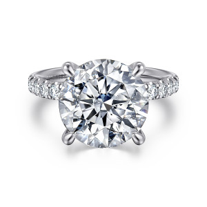 Gabriel & Co. ER16572R20W44JJ 14 karat white gold Contemporary engagement ring, front view of a round center held by four rounded prongs, diamonds just visible at the sides