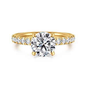 Gabriel & Co. ER16572R6Y84JJ 18 karat yellow gold Contemporary engagement ring, front view of a round center in four claws with round diamonds flanking it on both shoulders