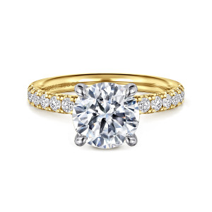 Gabriel & Co. ER16572R8M44JJ 14 karat white and yellow gold Contemporary engagement ring, front view of a round center in four rounded claws of a cooler tone