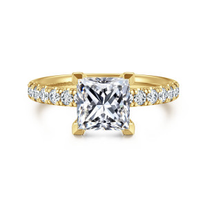 Gabriel & Co. ER16572S6Y44JJ 14 karat yellow gold Contemporary engagement ring, front view of a princess cut center gripped by flat topped corner prongs above small diamonds