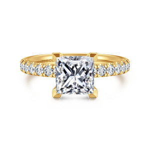 Gabriel & Co. ER16572S6Y84JJ 18 karat yellow gold Contemporary engagement ring, front view of a princess cut center with squared corner prongs and round diamonds on both shoulders