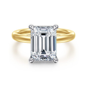 Gabriel & Co. ER16618E16M44JJ 14 karat white and yellow gold Classic engagement ring, front view of an emerald cut center held by four rounded claws above a smooth band