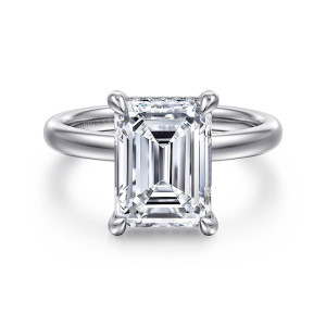 Gabriel & Co. ER16618E16W44JJ 14 karat white gold Classic engagement ring, front view of an emerald cut center held by four teardrop shaped prongs on a smooth rounded band