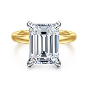 Gabriel & Co. ER16618E20M44JJ 14 karat white and yellow gold Classic engagement ring, front view of an emerald cut center held at its corners by four rounded prongs