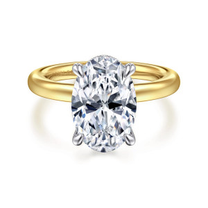 Gabriel & Co. ER16618O14M44JJ 14 karat white and yellow gold Classic engagement ring, front view of a large oval center held in four prongs above a smooth band