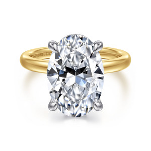 Gabriel & Co. ER16618O20M44JJ 14 karat white and yellow gold Classic engagement ring, front view of a large oval center in four teardrop tipped prongs over a plain band