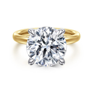 Gabriel & Co. ER16618R20M44JJ 14 karat white and yellow gold Classic engagement ring, front view of a large round center held by four rounded claw prongs on a smooth band
