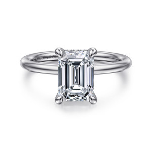 Gabriel & Co. ER16619E8W44JJ 14 karat white gold Classic engagement ring, front view of an emerald cut center held by four rounded prongs on a slim band