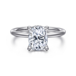 Gabriel & Co. ER16619G8W44JJ 14 karat white gold Classic engagement ring, front view of an elongated cushion center in four prongs on a smooth, unset band