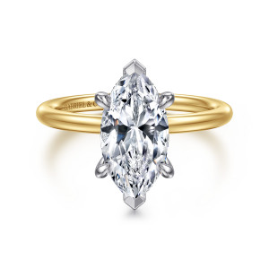 Gabriel & Co. ER16619M8M44JJ 14 karat white and yellow gold Classic engagement ring, front view of a marquise center with flat pointed guards at both ends and a smooth band