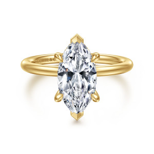 Gabriel & Co. ER16619M8Y44JJ 14 karat yellow gold Classic engagement ring, front view of a marquise center with angular prongs at both tips and rounded claws along the sides