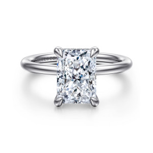 Gabriel & Co. ER16619N10W44JJ 14 karat white gold Classic engagement ring, front view of a rectangular clipped corner center in four prongs with a fine beaded edge behind it