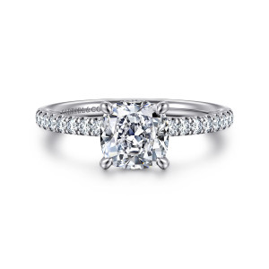 Gabriel & Co. ER16620C6W44JJ 14 karat white gold Classic engagement ring, front view of a cushion center in four rounded prongs with diamonds running along both shoulders
