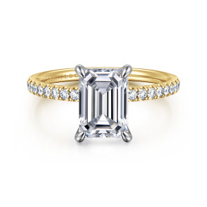 Gabriel & Co. ER16620E8M44JJ 14 karat white and yellow gold Classic engagement ring, front view of an emerald cut center in four claw prongs with diamonds along the shoulders
