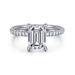 Gabriel & Co. ER16620E8W44JJ 14 karat white gold Classic engagement ring, front view of an emerald cut center held by four rounded claw prongs