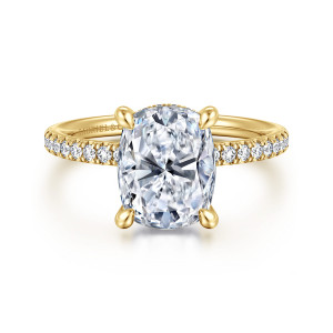 Gabriel & Co. ER16620G12Y44JJ 14 karat yellow gold Classic engagement ring, front view of an elongated cushion center in four rounded prongs with diamonds along the band