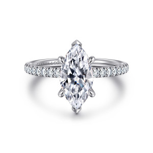 Gabriel & Co. ER16620M6W44JJ 14 karat white gold Classic engagement ring, front view of a marquise center with pointed prongs at both tips