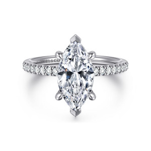 Gabriel & Co. ER16620M8W44JJ 14 karat white gold Classic engagement ring, front view of a marquise center held by pointed corner prongs above a band of small diamonds