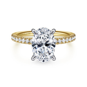 Gabriel & Co. ER16620O8M44JJ 14 karat white and yellow gold Classic engagement ring, front view of an oval center in four claw prongs above a band of small diamonds