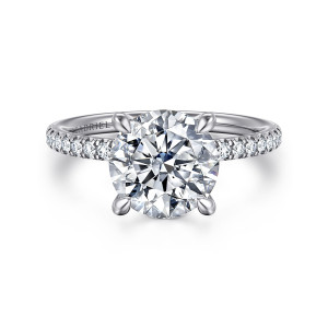 Gabriel & Co. ER16620R10W44JJ 14 karat white gold Classic engagement ring, front view of a round center on four teardrop prongs with diamonds along the shoulders