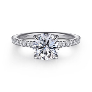 Gabriel & Co. ER16620R6W44JJ 14 karat white gold Classic engagement ring, front view of a round center in four slender prongs with small diamonds along both shoulders