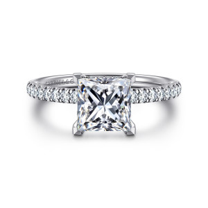 Gabriel & Co. ER16620S6W44JJ 14 karat white gold Classic engagement ring, front view of a princess cut center with corner prongs and diamonds along both shoulders
