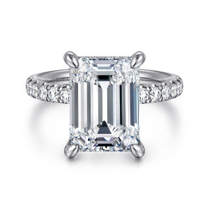 Gabriel & Co. ER16621E20W44JJ 14 karat white gold Contemporary engagement ring, front view of an emerald cut center with teardrop claws and diamonds down each shoulder