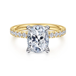 Gabriel & Co. ER16621G10M44JJ 14 karat white and yellow gold Contemporary engagement ring, front view of an elongated cushion center on tapered claw prongs above a diamond set band