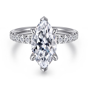Gabriel & Co. ER16621M12W44JJ 14 karat white gold Contemporary engagement ring, front view of a marquise center with V shaped tip claws and round diamonds along the band