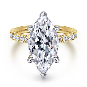 Gabriel & Co. ER16621M20M44JJ 14 karat white and yellow gold Contemporary engagement ring, front view of a marquise center with pointed end prongs and small diamonds along both shoulders