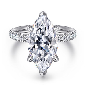 Gabriel & Co. ER16621M20W44JJ 14 karat white gold Contemporary engagement ring, front view of a marquise center with pointed end caps and round diamonds along the band